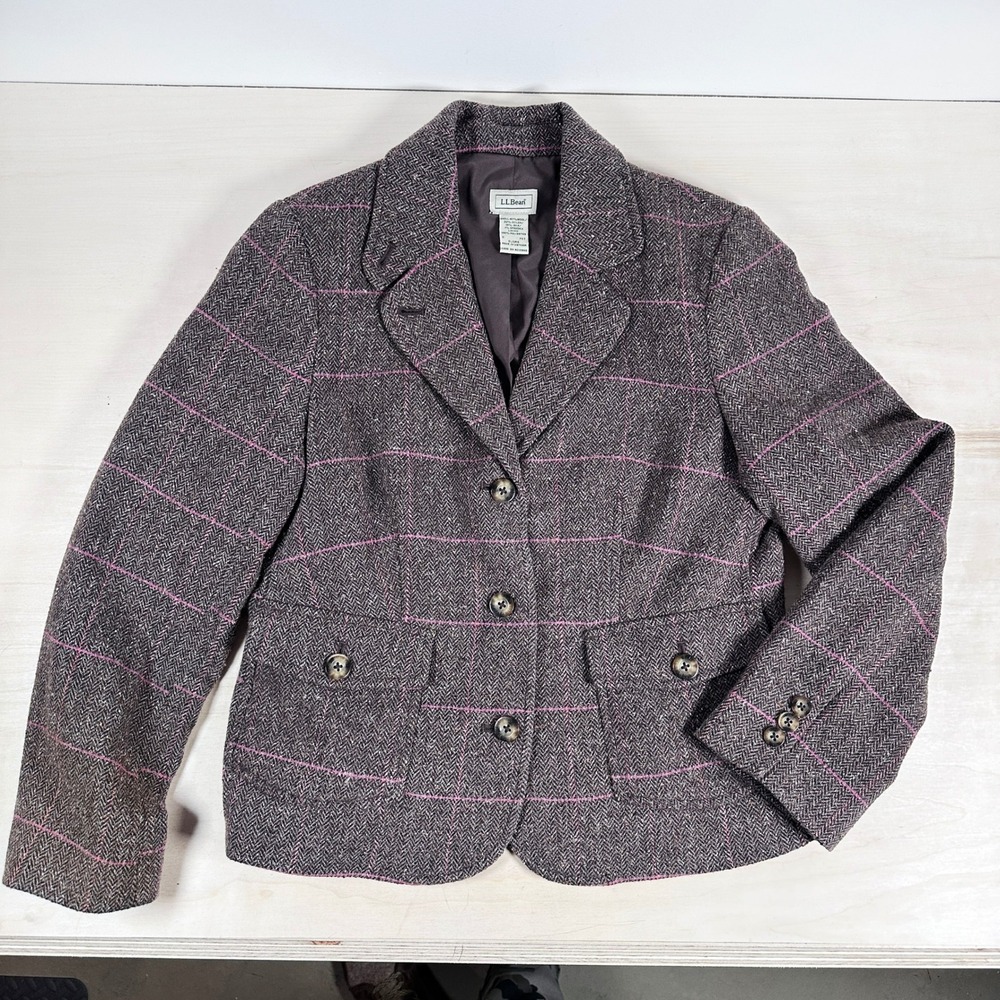 LL Bean Women SP Herringbone Tweed Tan Brown Silk Wool Blend Blazer‎ Vtg